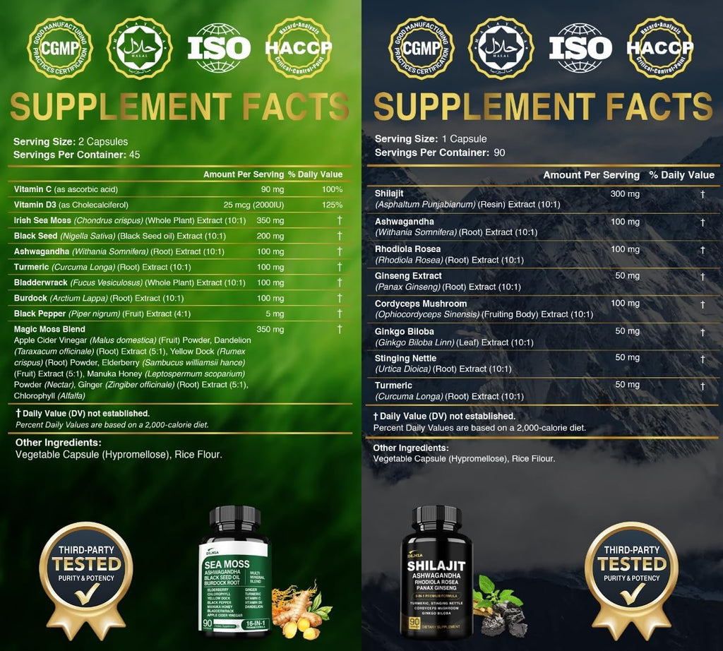 Shilajit 9000mg, Sea Moss 17500mg, Ginger & Black Seed Oil 4000mg, Ashwagandha 5000mg, Rhodiola Rosea, 1000mg Panax Ginseng 1500mg, All in 1 Supplement - Sea Moss & Shilajit Vitality Bundle