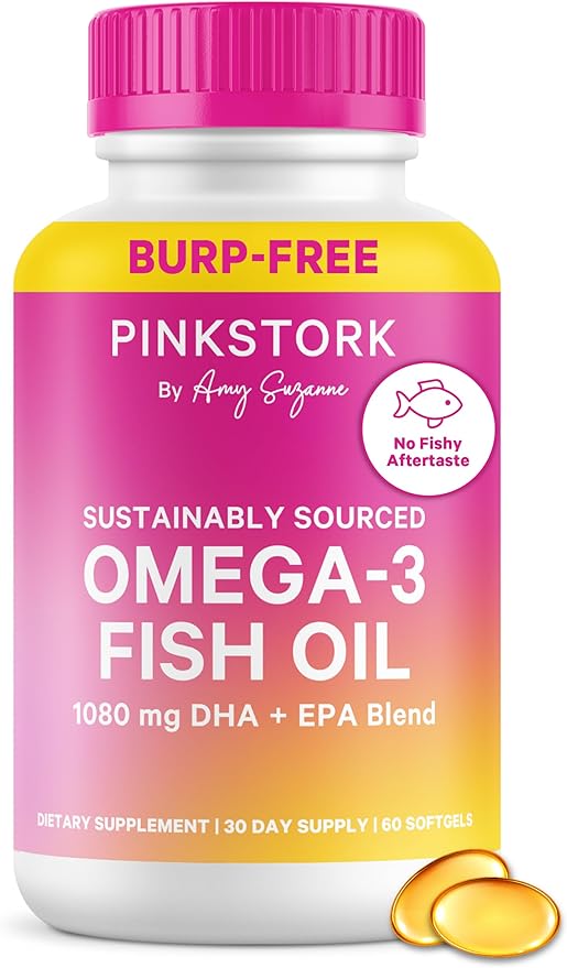 Pink Stork Omega 3 Fish Oil Supplements for Women with DHA and EPA - High Potency Burpless Omega-3 Supplement for Cognitive Health - 60 Softgels