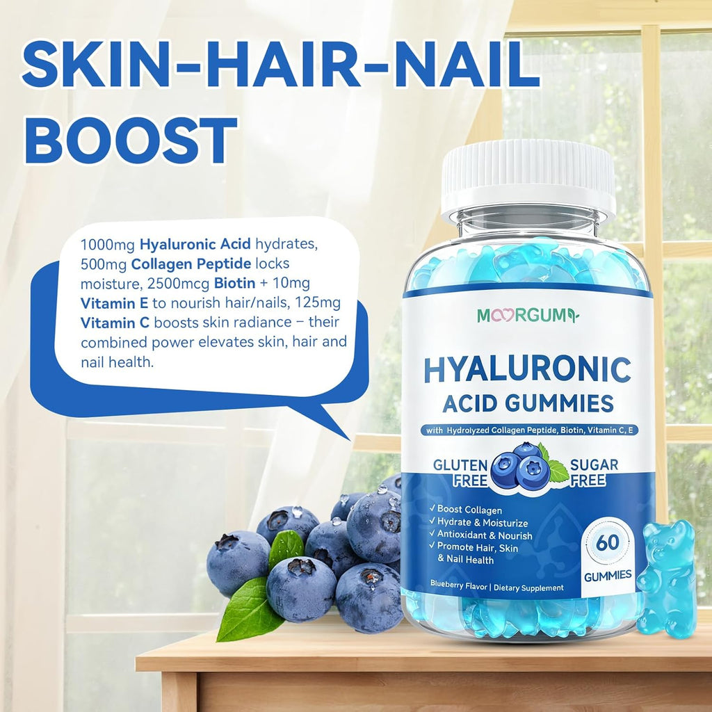 Hyaluronic Acid Supplements 1000 mg, with Hydrolyzed Collagen Peptide, Biotin, Vitamin C & E, Supports Skin, Hair & Nails Health, Bioavailable Formula Gummies, Blueberry Flavor, 120 Count