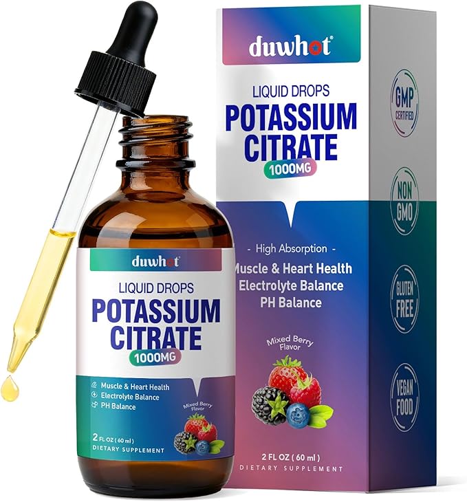 Liquid Potassium Citrate Supplement, Potassium 1000mg Drops for Women & Men, with Zinc Citrate, Vitamin B6, Sodium & Taurine, High Potassium Electrolytes, 2 Fl Oz