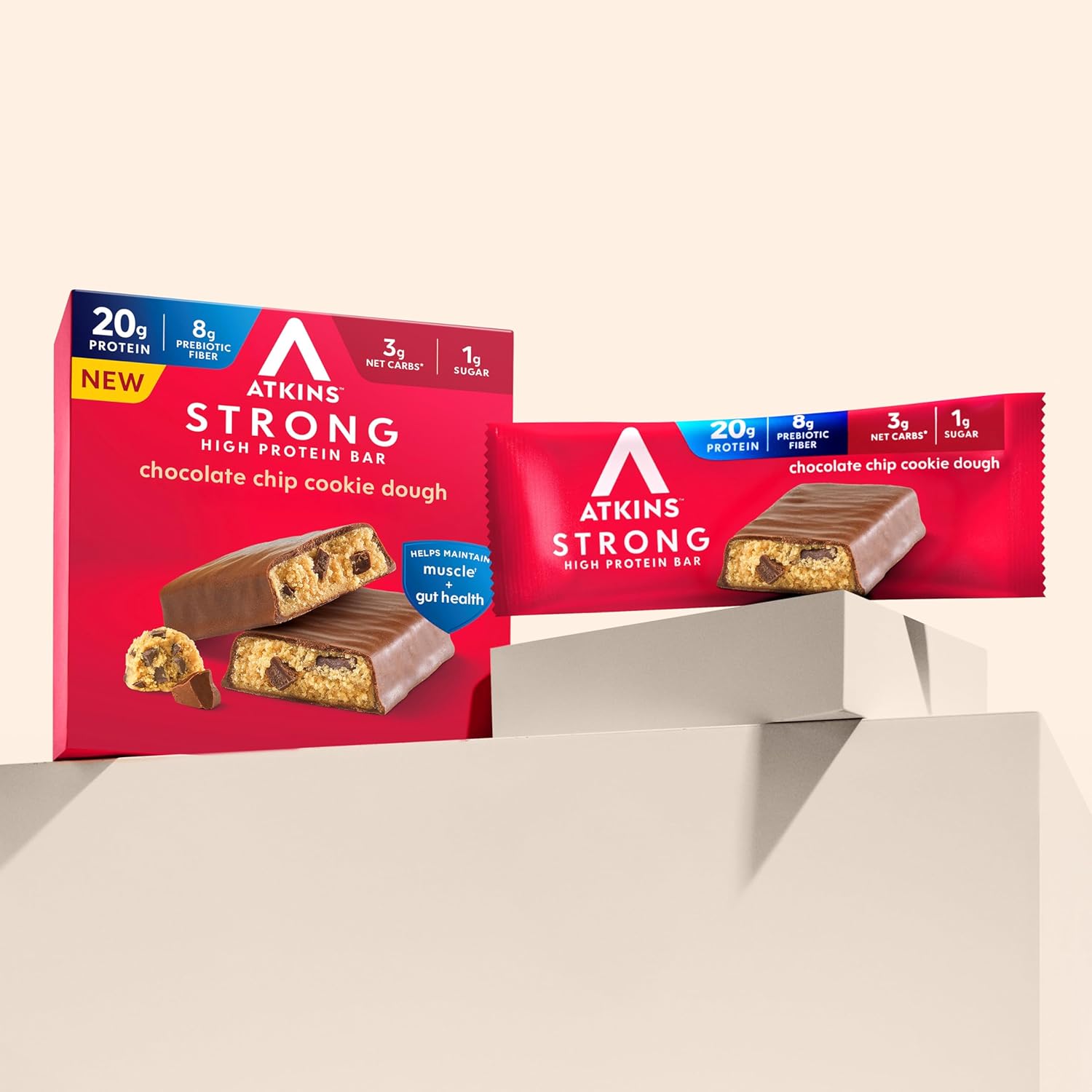 Atkins Strong Chocolate Chip Cookie Dough High Protein Bars, 20g Protein, 2g Sugar, 4 Count (Pack of 6)