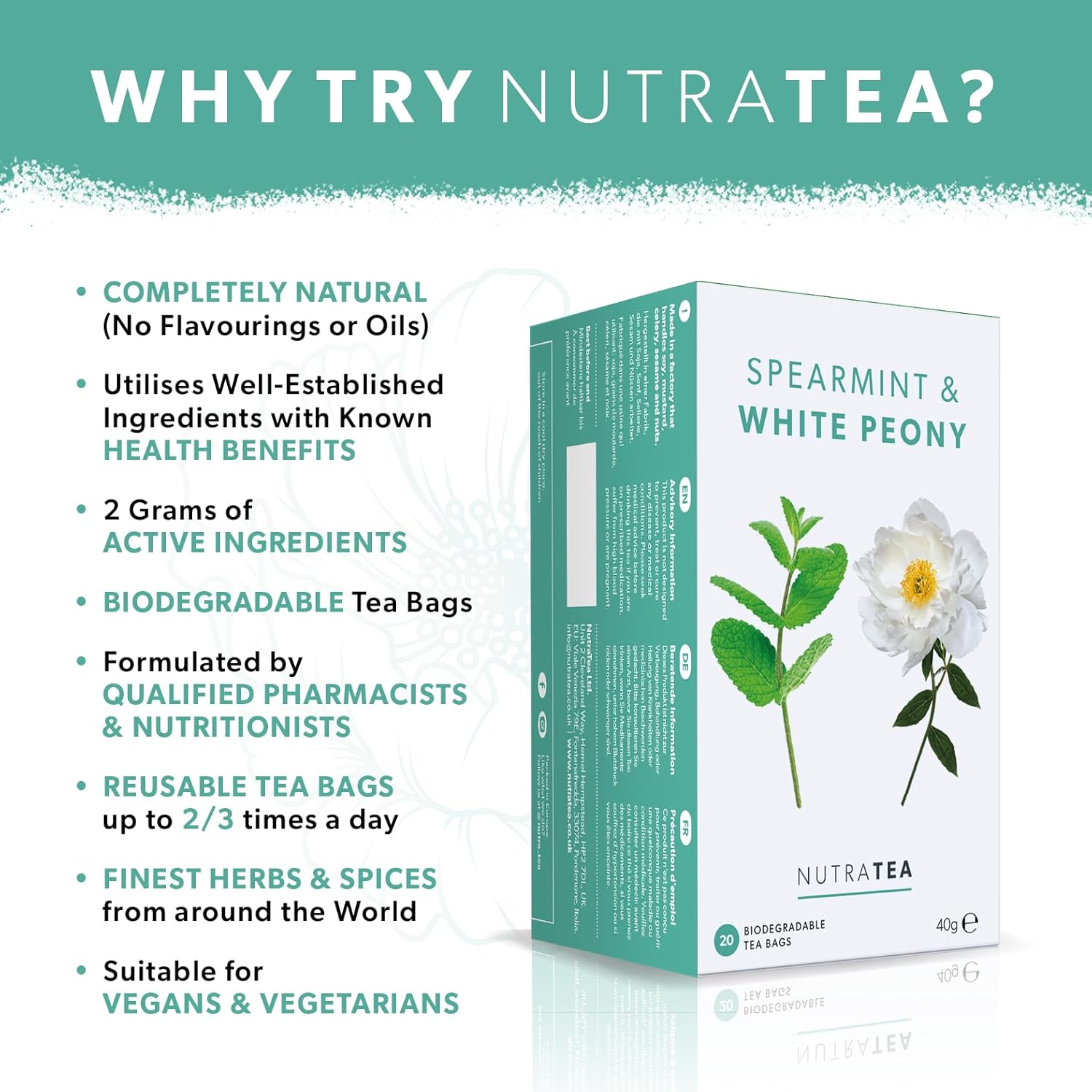 Nutra Tea - Spearmint & White Peony – Spearmint Tea, PCOS Tea - For Digestion, Women's Health & Acne - 20 Individually Wrapped Bags - Herbal Infusion (1 Pack)