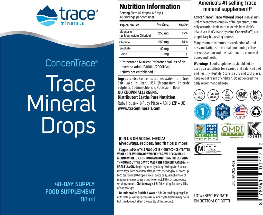 Trace Minerals ConcenTrace Trace Mineral Drops - Liquid Supplement for Bone & Joint Support - Aids Hydration & Electrolyte Restoration - Unflavored-Original, 4 fl oz (48 Servings)