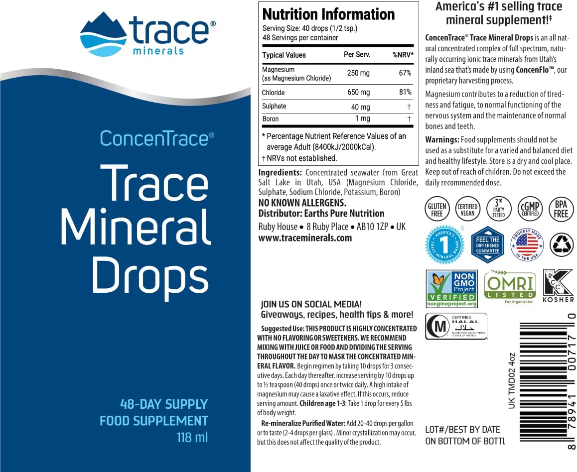Trace Minerals ConcenTrace Trace Mineral Drops - Liquid Supplement for Bone & Joint Support - Aids Hydration & Electrolyte Restoration - Unflavored-Original, 4 fl oz (48 Servings)