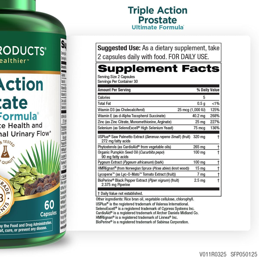 Triple Action Prostate Ultimate Formula – Men’s Prostate Supplement - Zinc, Saw Palmetto, Pygeum, Pumpkin Seed Oil Extract & Phytosterols – Supports Urinary Flow, Bladder & Heart Health – 60 Capsules
