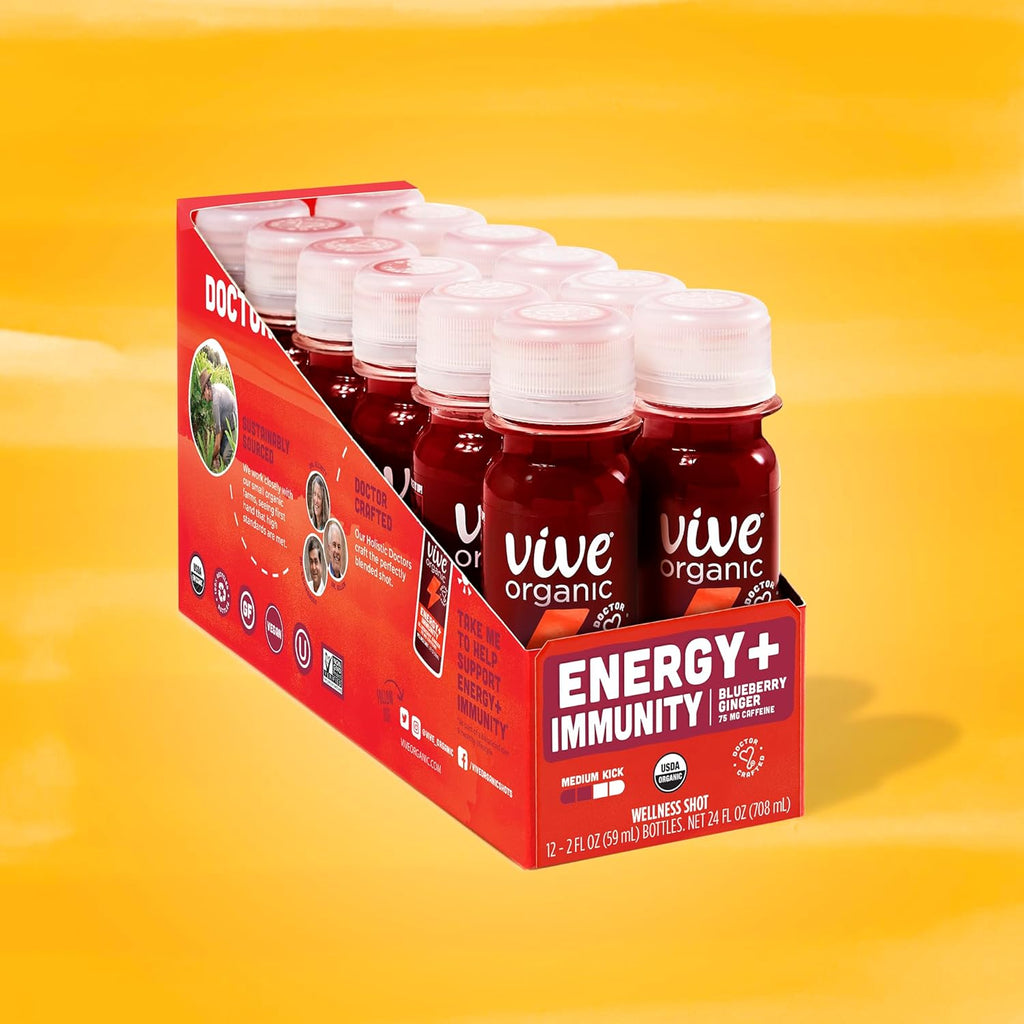 Vive Organic Energy Shot + Immune Support, Immune Defense with Ashwagandha, Green Tea & Caffeine, Gluten Free, Vegan, Energy and Focus, 2 Fl Oz (Pack of 12)