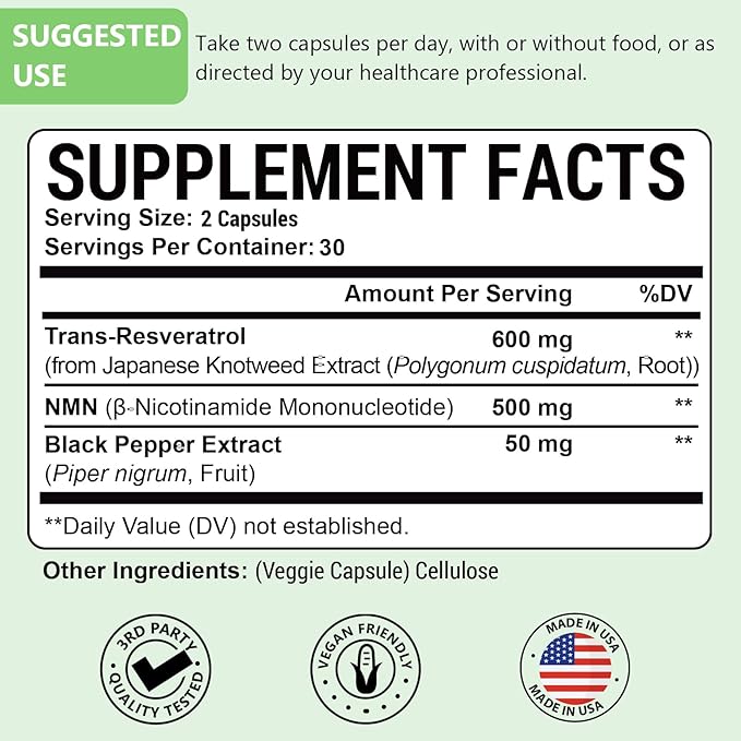 99% Ultra Purity NMN 500mg + Trans-Resveratrol 600mg, 1150mg NMN Resveratrol Supplement, 3-in-1 Advanced Formula for Boost* NAD, Cell, Immune, Energy & Muscle, Healthy Aging, Stabilized Form - 60 Caps