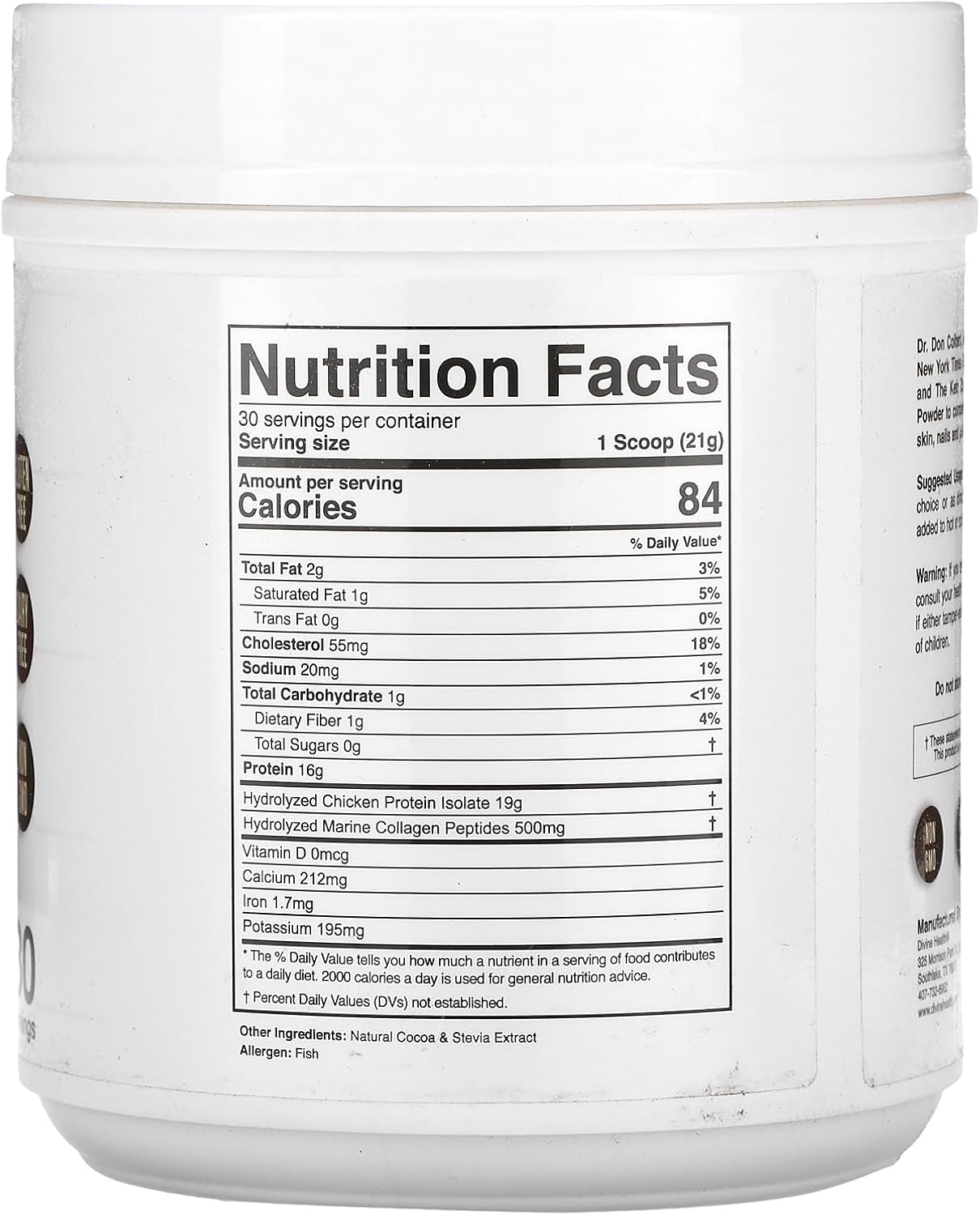 Dr. Colbert, MD Hydrolyzed Collagen Powder | Chocolate Flavor | by Divine Health | Type I, II, III Chicken & Marine Collagen | Keto Zone | Support Hair, Skin, Nails & Joints | 630g | 30 Servings