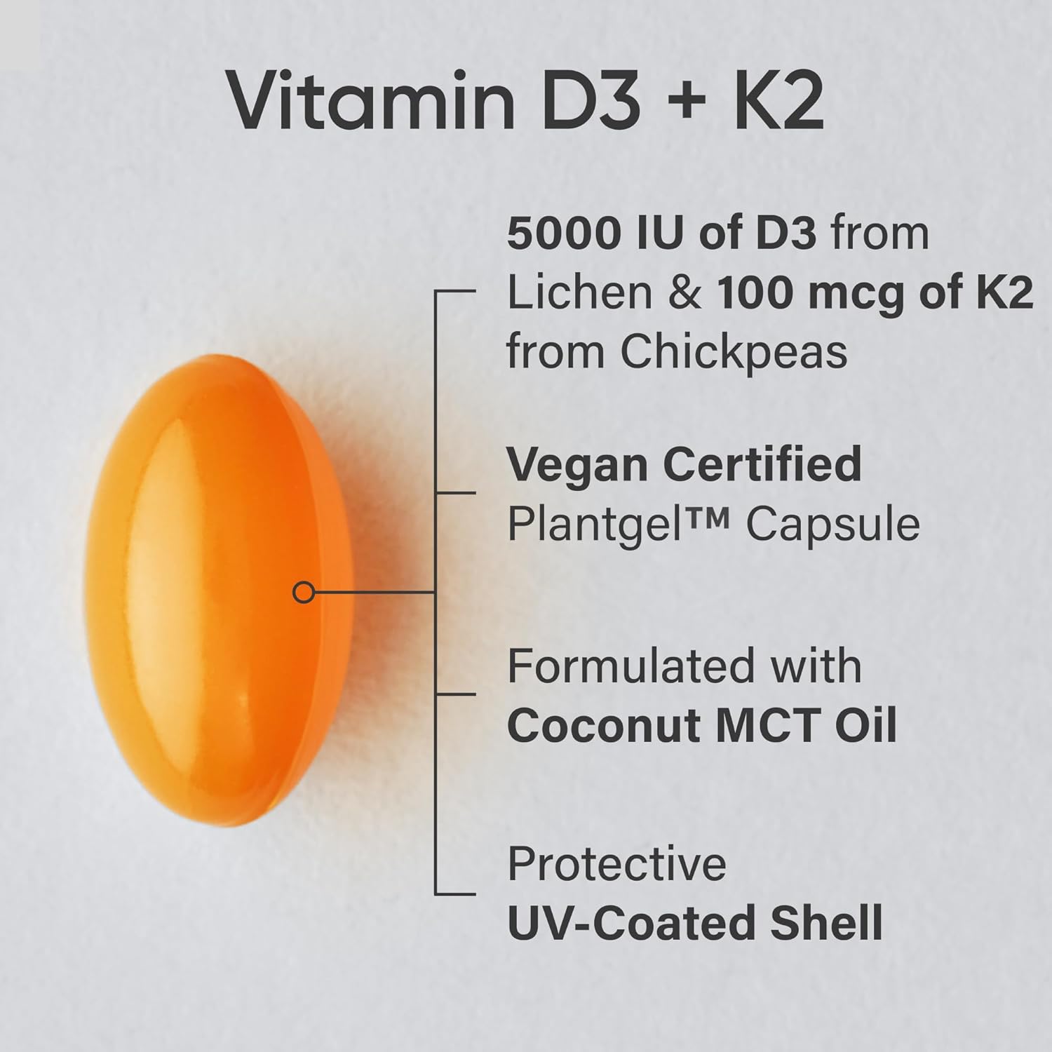 Sports Research® Vitamin D3 + K2 w/Coconut MCT Oil - Vegan D 5000iu (125mcg) & Vitamin K2 as MK7 100mcg - Vegan Certified · Non-GMO · Gluten & Soy Free - 60 Softgels