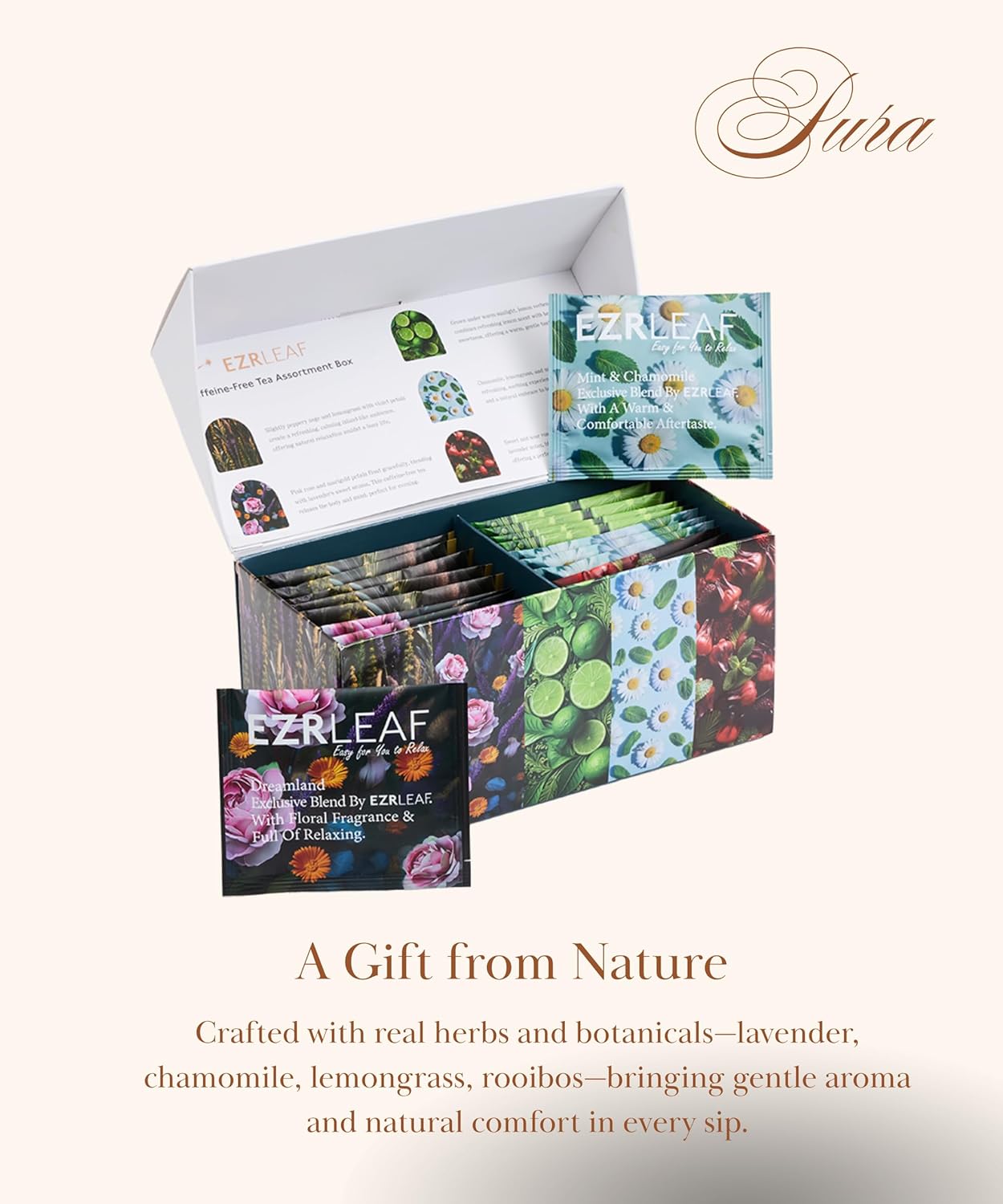 Decaf Herbal Tea Sampler – EZR Leaf 22ct Caffeine-Free Pyramid Bags, Assorted Fruit & Floral Blends with Lemon Verbena, Chamomile Mint, Dreamland, Roselle – Variety Tea Gift Set for Tea Lovers