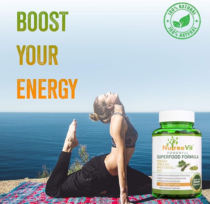 NutreeVit 100% Organic Powerful Superfood Formula - Immune System Booster Energy Pills with Moringa, Spirulina, Wheatgrass, and Kelp - 240 Count Bottle