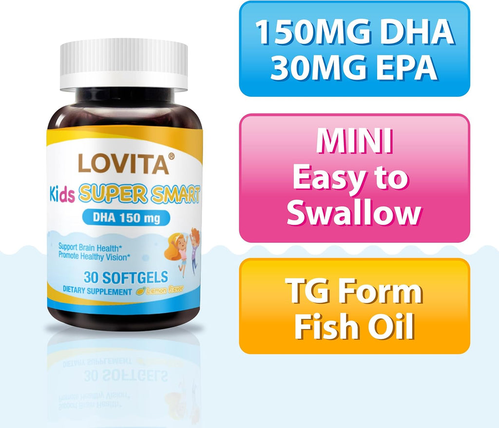 Lovita Kid’s Super Smart, Omega-3 for Children, 180 mg Total DHA & EPA, Lemon Flavor Fish Oil, Support Brain & Vision Health, 30 Softgels (Pack of 3)