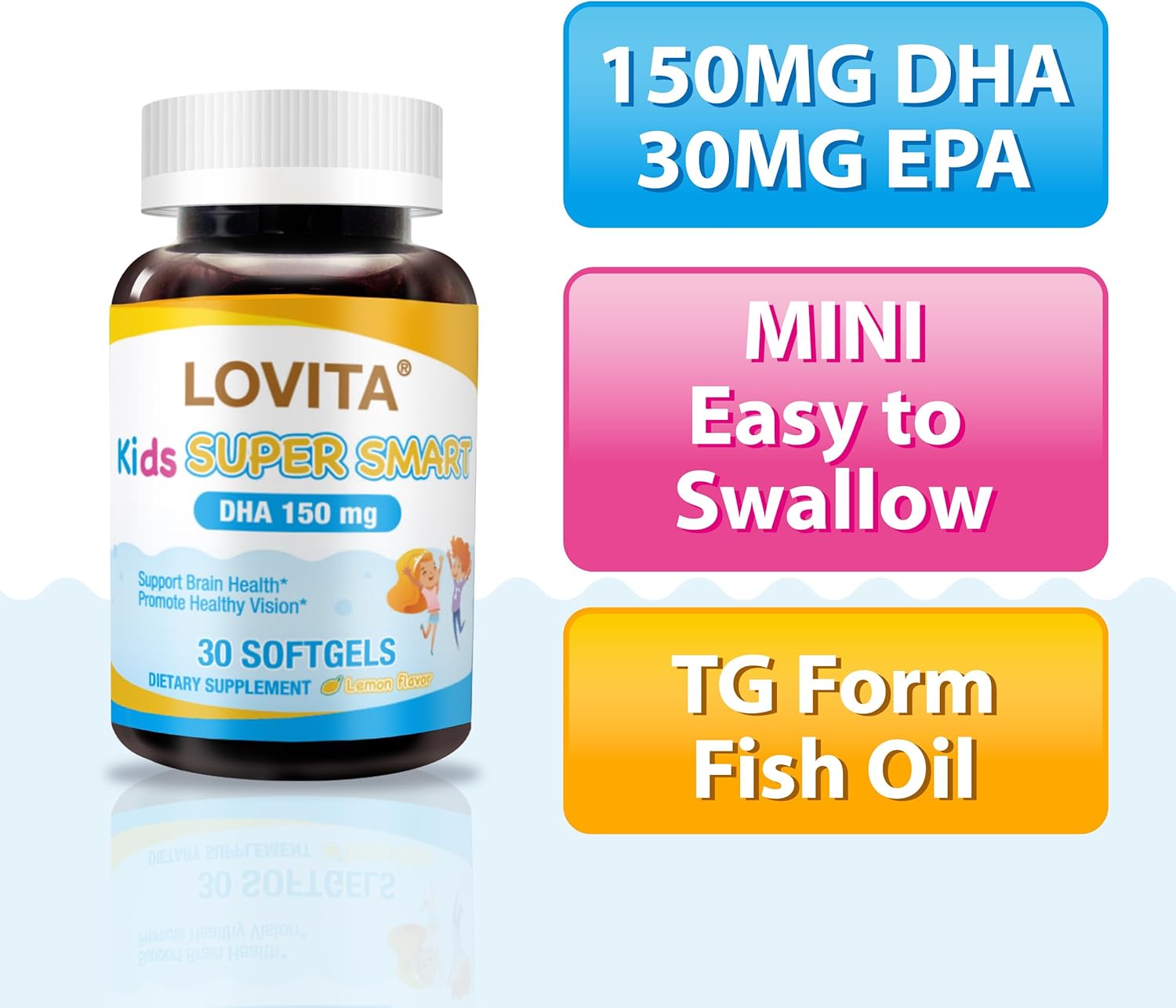 Lovita Kid’s Super Smart, Omega-3 for Children, 180 mg Total DHA & EPA, Lemon Flavor Fish Oil, Support Brain & Vision Health, 30 Softgels (Pack of 3)
