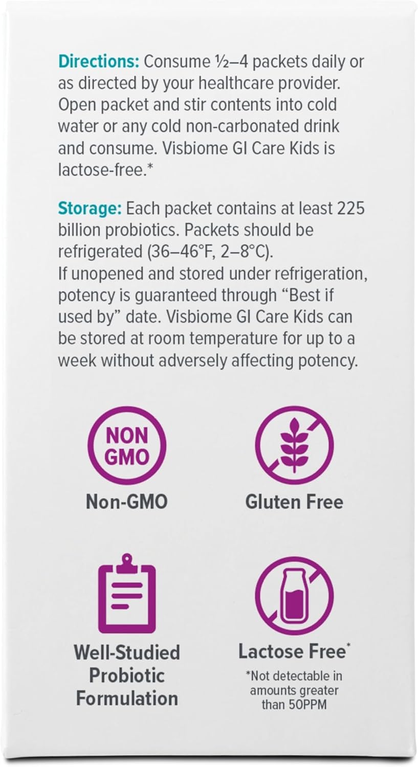 Visbiome® GI Care Kids - High Potency Probiotic for IBS & UC Symptoms - Wild Berry Flavor, No Dyes- 225 Billion CFU Live Probiotics for Children, Cold Chain Shipping, 60 Packets