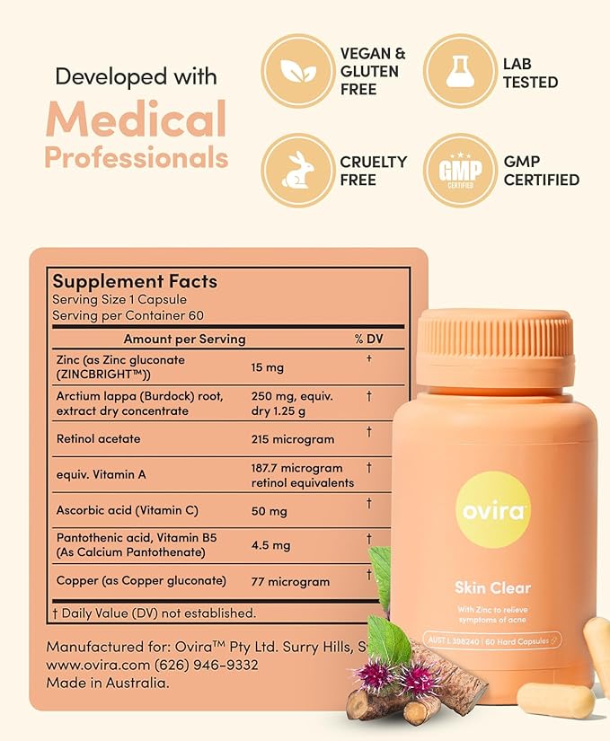 Ovira Skin Clear with ZINCBRIGHT - 60 Capsules for Clear & Glowing Skin | Rosacea & Hormonal Acne Treatment with Vitamin C | Support Collagen Production | Acne Supplements for Women & Men - Pack of 1
