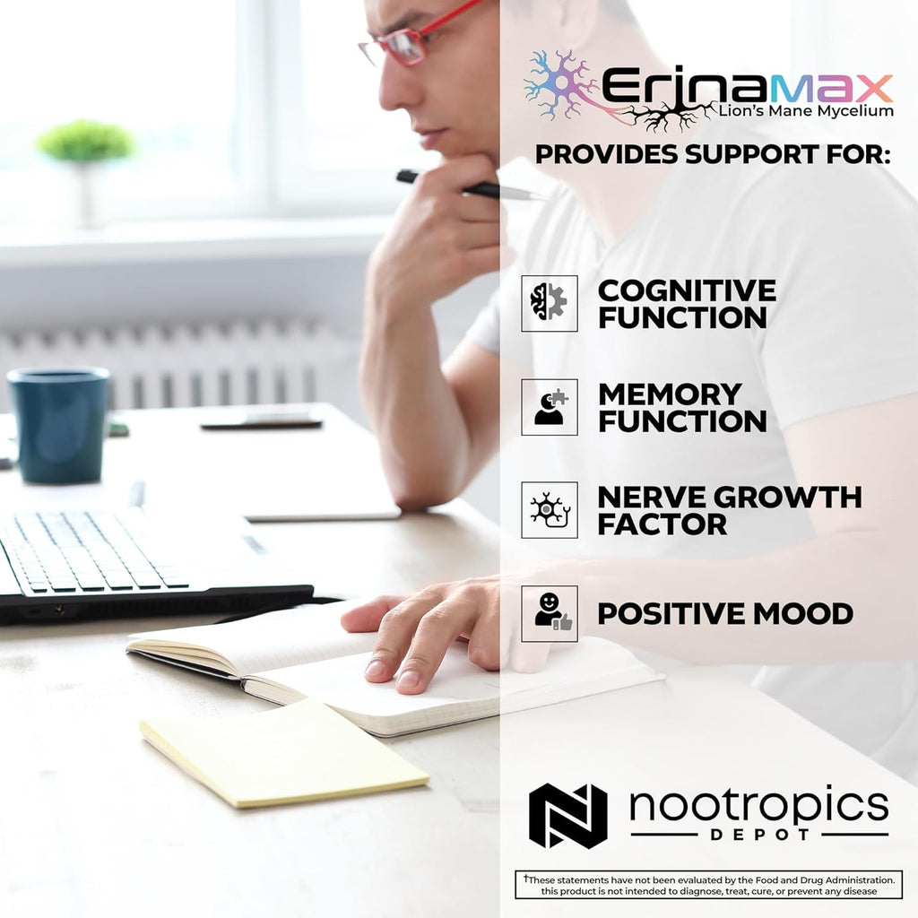 Nootropics Depot Erinamax Lion's Mane 500mg Capsules | Liquid Culture Mycelium | 2.5mg Erinacine A | Mood, Cognition, & Nerve Support | 60 Count