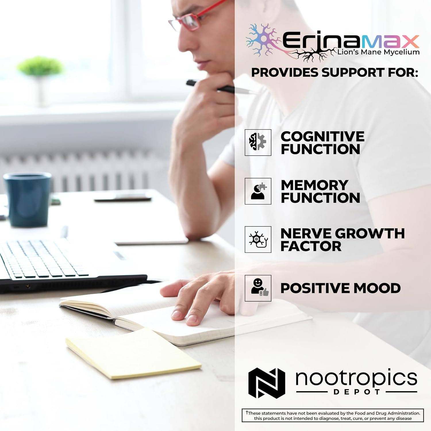 Nootropics Depot Erinamax Lion's Mane 500mg Capsules | Liquid Culture Mycelium | 2.5mg Erinacine A | Mood, Cognition, & Nerve Support | 60 Count