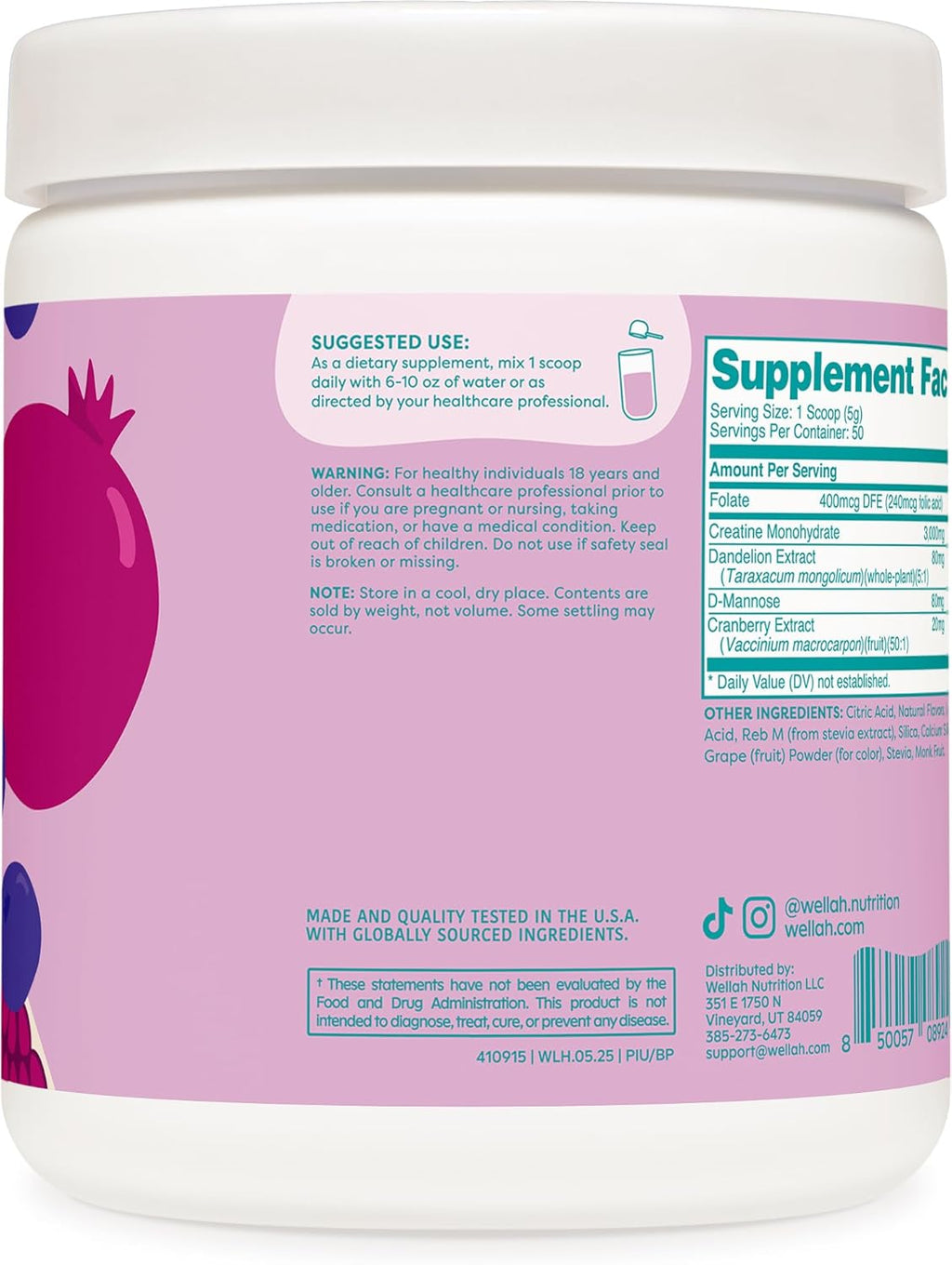 Wellah Creatine for Women - Creatine Monohydrate with Dandelion & Cranberry Extract (50 Servings, Blueberry Pomegranate)