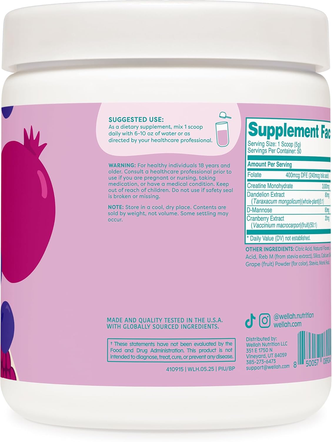 Wellah Creatine for Women - Creatine Monohydrate with Dandelion & Cranberry Extract (50 Servings, Blueberry Pomegranate)