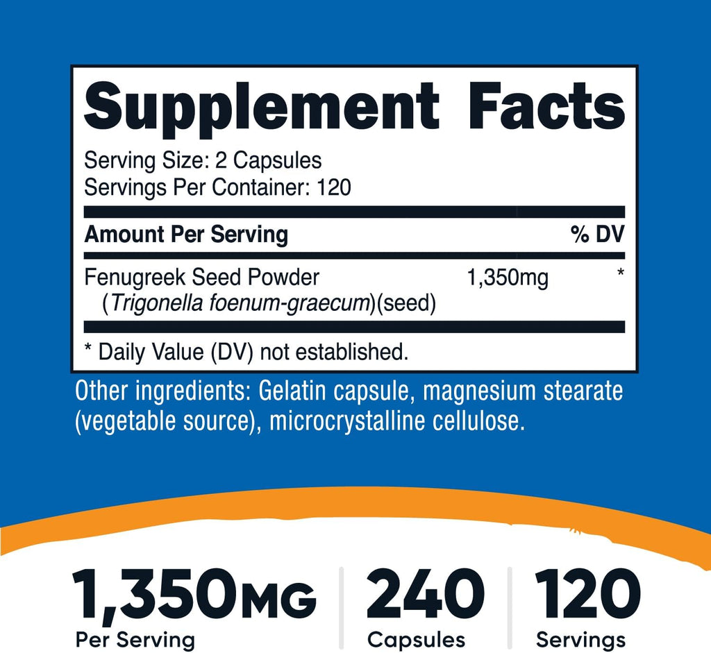 Nutricost Fenugreek Seed 1350mg, 240 Capsules - Gluten Free, Non-GMO, 675mg Per Capsule
