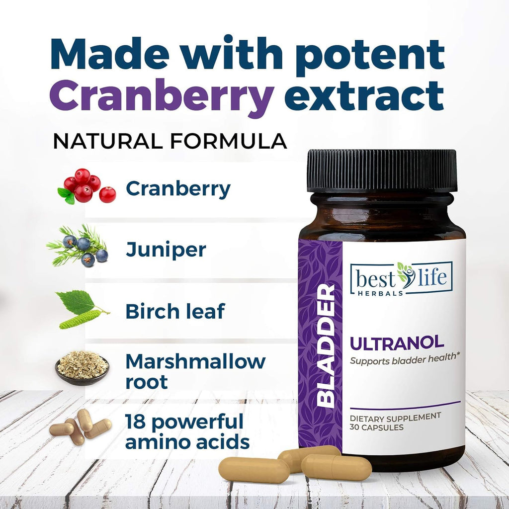 Ultranol Total Bladder Support - Natural Cranberry Supplement for Urinary Health, Overactive Bladder Control, Incontinence - Reduces Leaks and Urgency - 4 Bottles - 120 Capsules