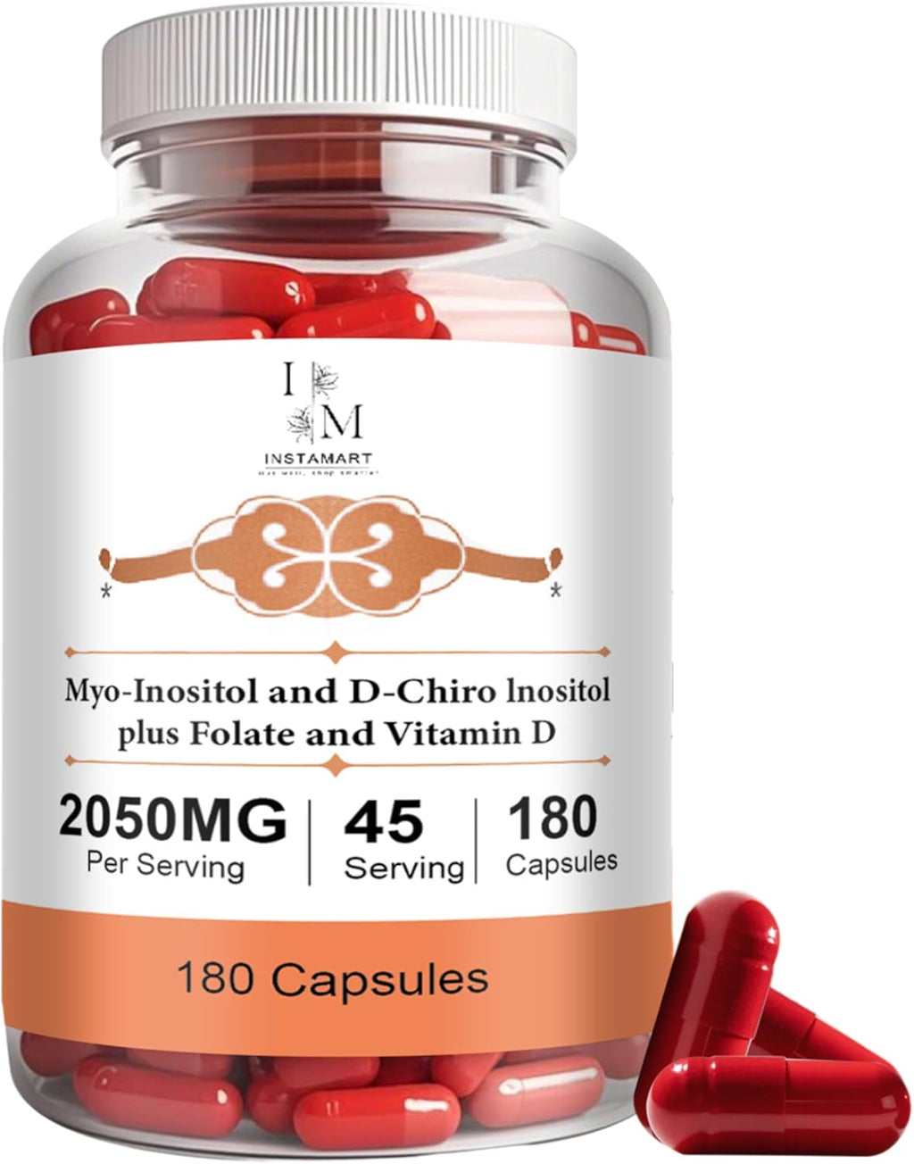 INSTAMART Myo-Inositol & D-Chiro Inositol 2050mg | Balanced 40:1 Ratio | Plus Folate & Vitamin D | Non-GMO, Gluten-Free, Soy-Free, Vegan Supplement | 180 Easy-to-Swallow Capsules