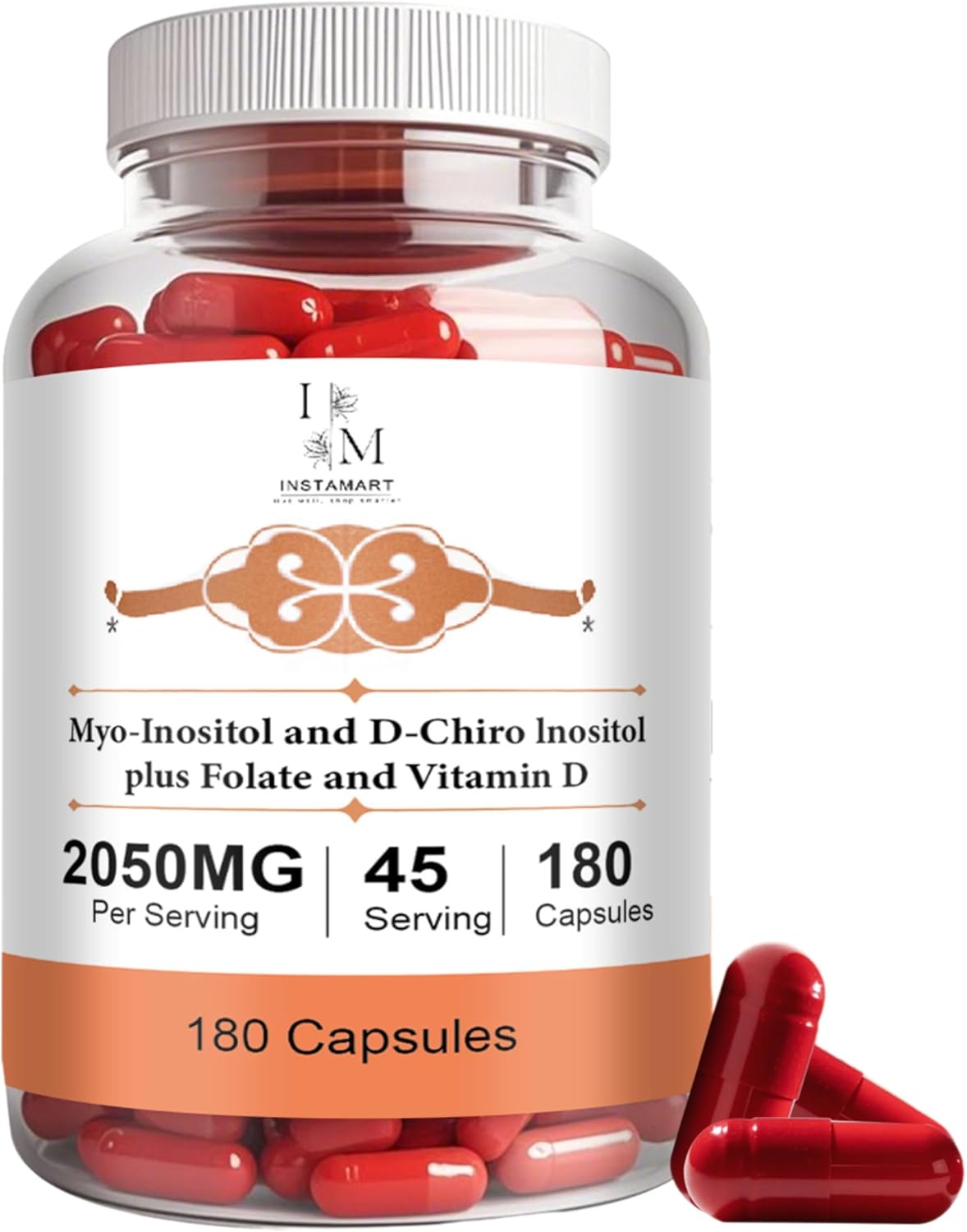 INSTAMART Myo-Inositol & D-Chiro Inositol 2050mg | Balanced 40:1 Ratio | Plus Folate & Vitamin D | Non-GMO, Gluten-Free, Soy-Free, Vegan Supplement | 180 Easy-to-Swallow Capsules