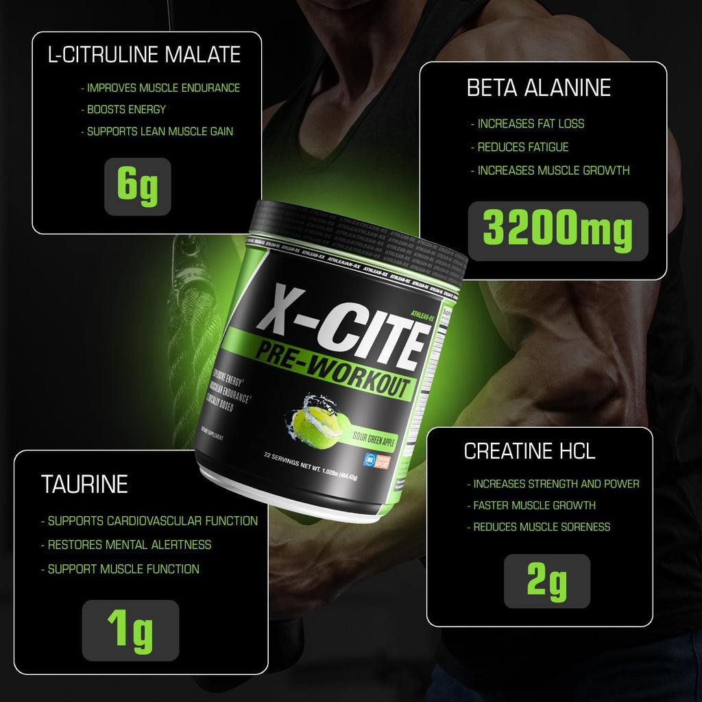 X-CITE Pre-Workout by ATHLEAN-X - Enhanced Formula with Beta-Alanine, Creatine & Caffeine for Ultimate Energy, Endurance, Focus & Muscle Pump, NSF Certified for Sports (22 Servings, Sour Green Apple)
