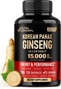 Panax Ginseng 15,000 mg - Red Korean Ginseng Supplement for Men - Extra Strength 10:1 Extract - Energy, Focus, Productivity & Performance - Natural & Vegan - Made in USA - 120 Capsules, 2 Month Supply