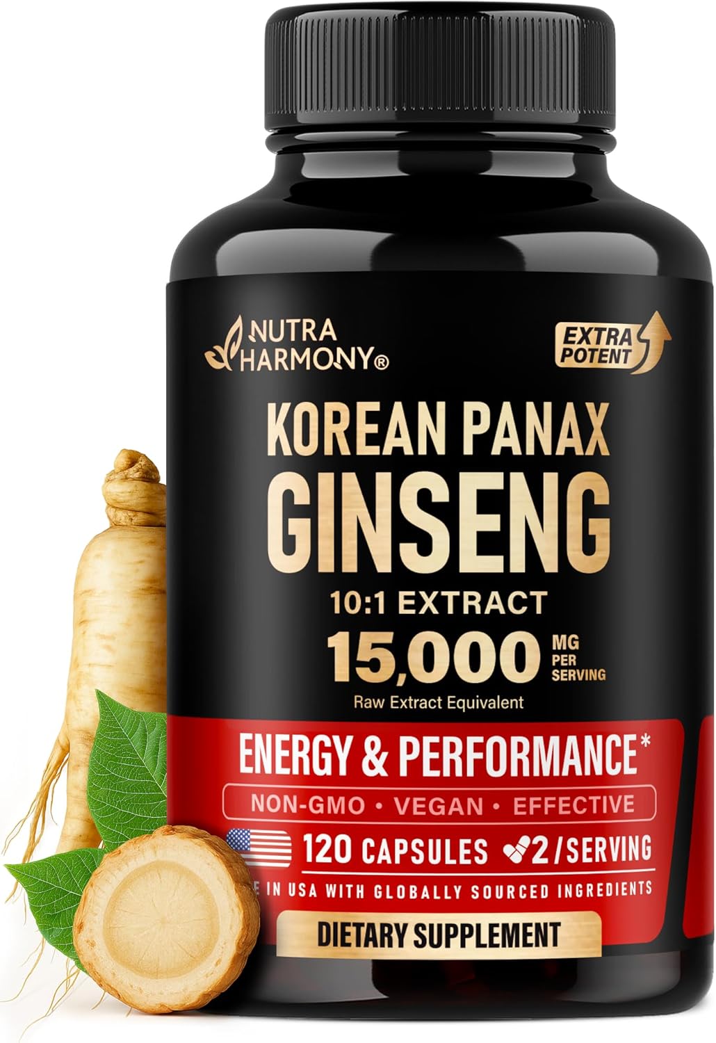 Panax Ginseng 15,000 mg - Red Korean Ginseng Supplement for Men - Extra Strength 10:1 Extract - Energy, Focus, Productivity & Performance - Natural & Vegan - Made in USA - 120 Capsules, 2 Month Supply