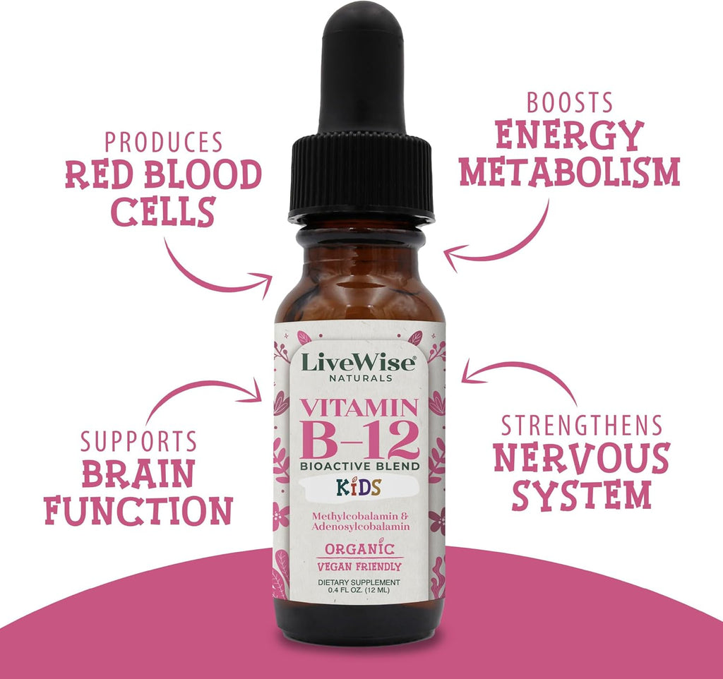 LiveWise Naturals Vitamin B12 Liquid Drops for Kids | Toddlers and Children I Methylcobalamin and Adenosylcobalamin | USDA Organic I Vegan | Non-GMO | Gluten Free | Low Dose