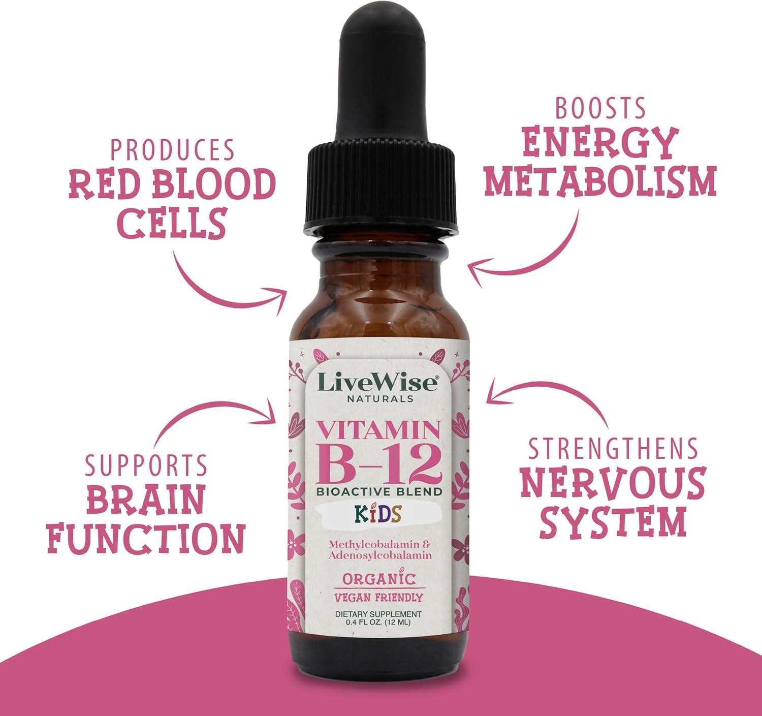 LiveWise Naturals Vitamin B12 Liquid Drops for Kids | Toddlers and Children I Methylcobalamin and Adenosylcobalamin | USDA Organic I Vegan | Non-GMO | Gluten Free | Low Dose