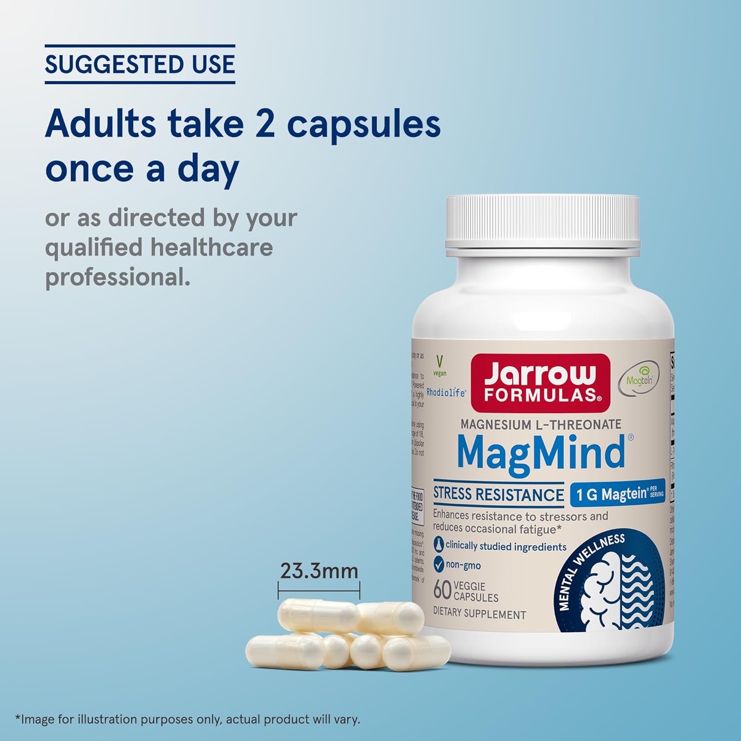 Jarrow Formulas Magnesium L-Threonate, MagMind Stress Resistance with L-Theanine and Rhodiolife, High Absorption Magnesium, Stress Relief and Mood Support, 60 Veggie Capsules, Up to a 30 Day Supply