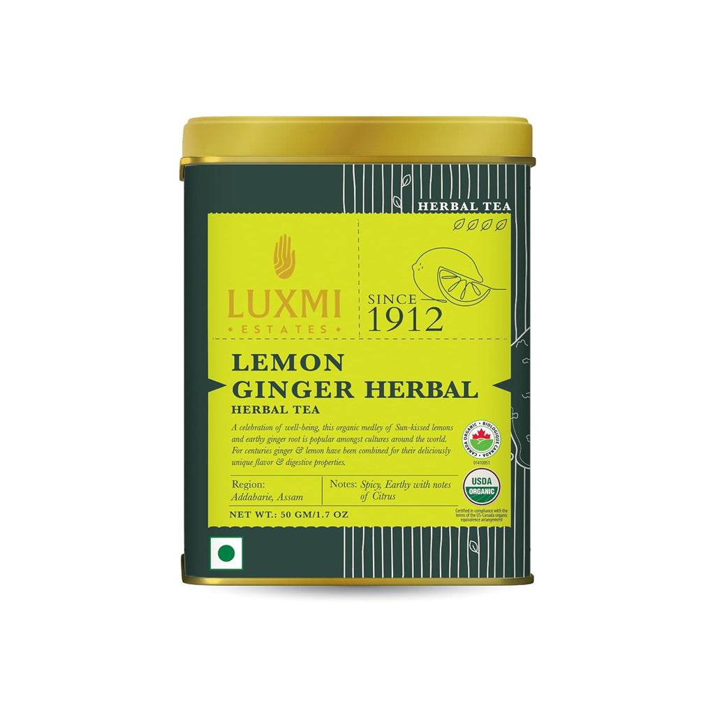 Luxmi Estates Lemon Ginger Root - 50gm Tin Loose Leaf | Certified Organic Herbal Tea | Citrus Flavor & Aroma | Lemon Peel, Ginger, Lemongrass, Licorice