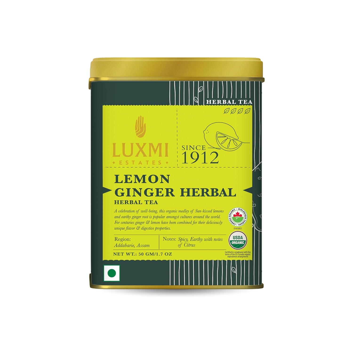 Luxmi Estates Lemon Ginger Root - 50gm Tin Loose Leaf | Certified Organic Herbal Tea | Citrus Flavor & Aroma | Lemon Peel, Ginger, Lemongrass, Licorice
