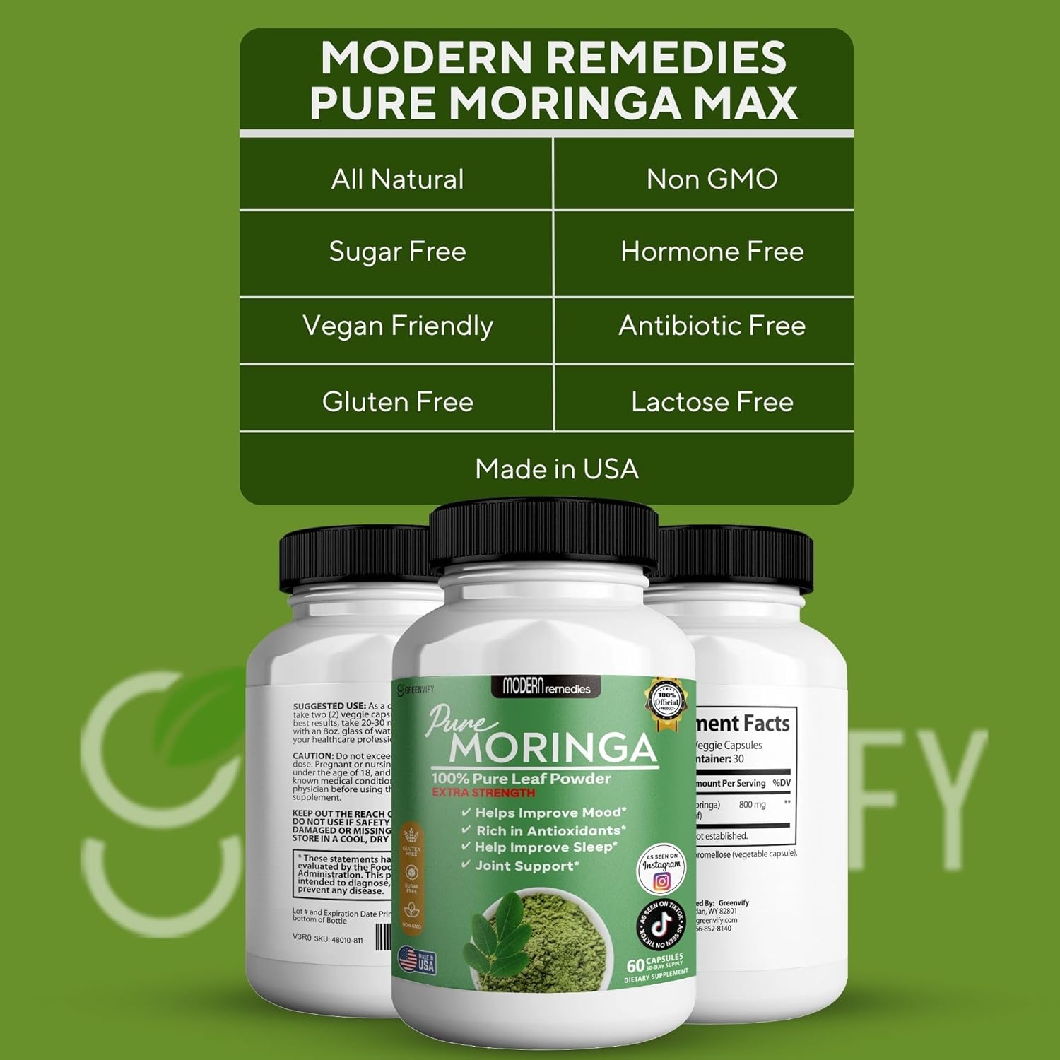 Modern Remedies Pure Moringa Max Leaf Powder Supplement, 800mg, 60 Capsules, Extra Strength for Mood, Sleep and Joint Support, Gluten Free (3)