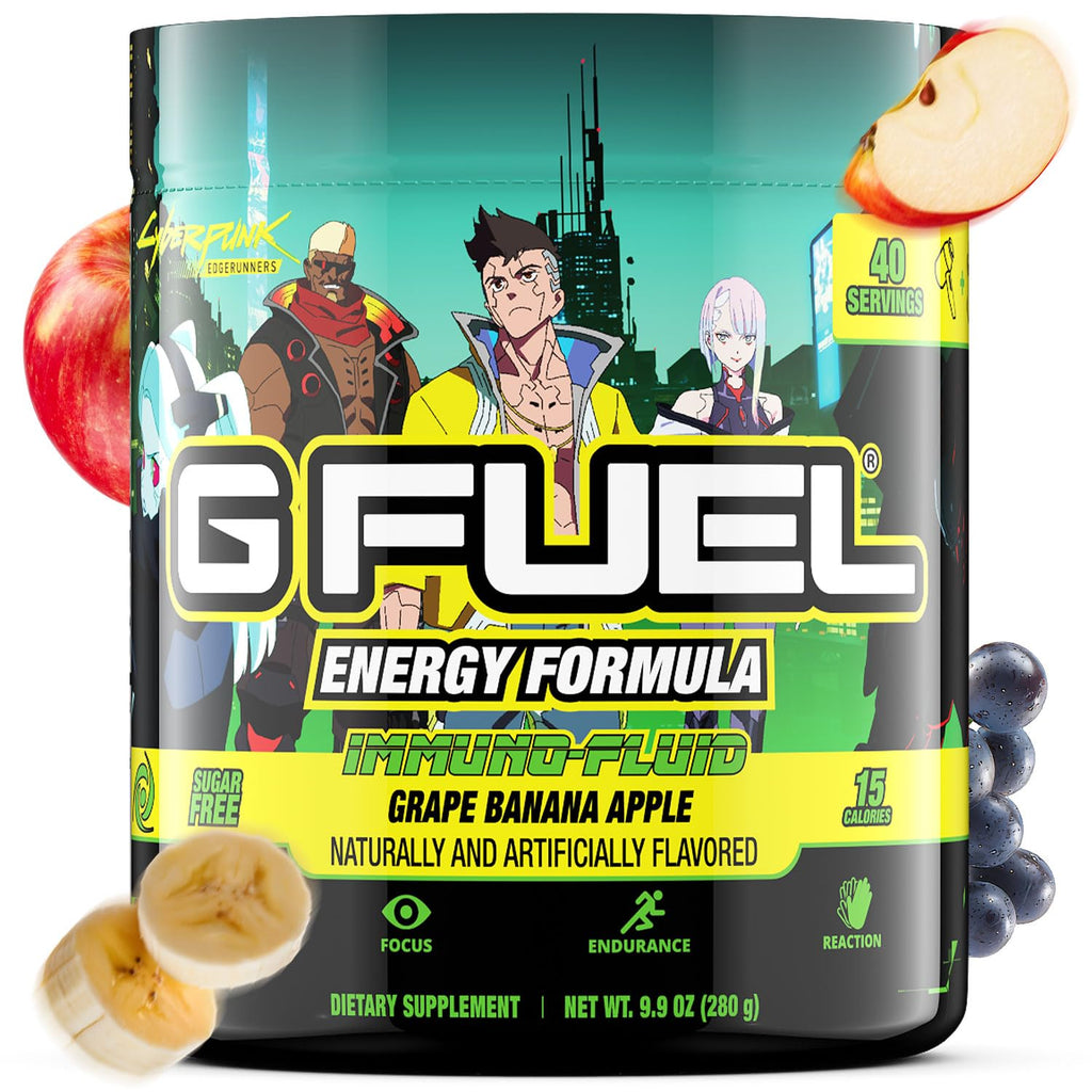 G fuel Cyberpunk Edgerunners Energy Powder, Pre Workout Caffeine Mix for Gaming, Sugar Free Focus Amino, Vitamin + Antioxidants, 9.9oz (Grape Banana Apple, 40 Servings)