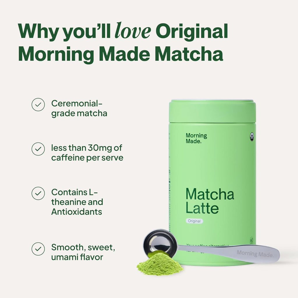 Morning Made Original Sweetened Matcha Powder | 8.46oz (240g) Resealable Tin | 60 Servings Premium Japanese Green Tea | Sweetened with Organic Sugar | Perfect for Lattes, Smoothies, and Baking | Rich in Antioxidants and Energy Boosting