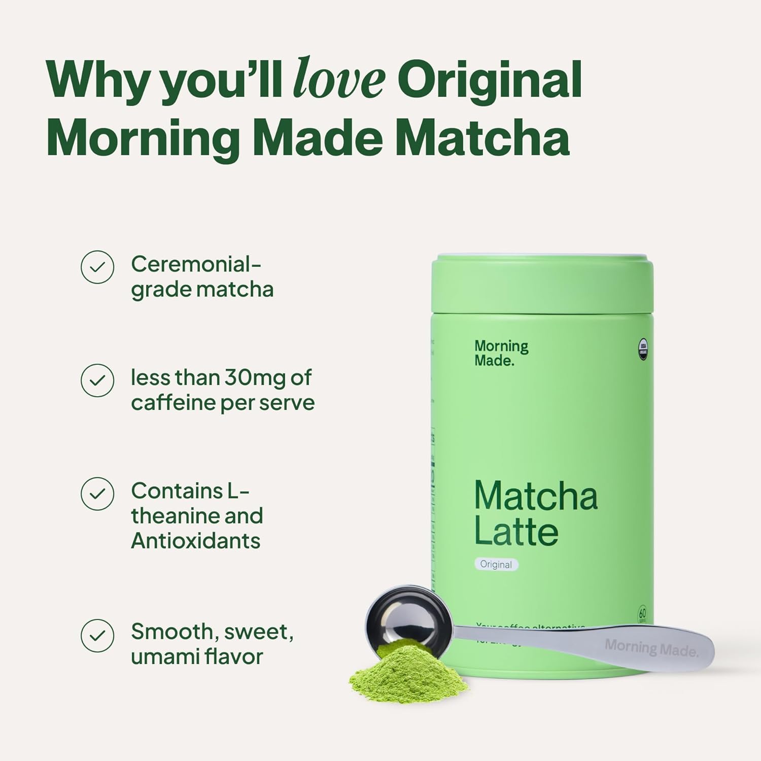 Morning Made Original Sweetened Matcha Powder | 8.46oz (240g) Resealable Tin | 60 Servings Premium Japanese Green Tea | Sweetened with Organic Sugar | Perfect for Lattes, Smoothies, and Baking | Rich in Antioxidants and Energy Boosting