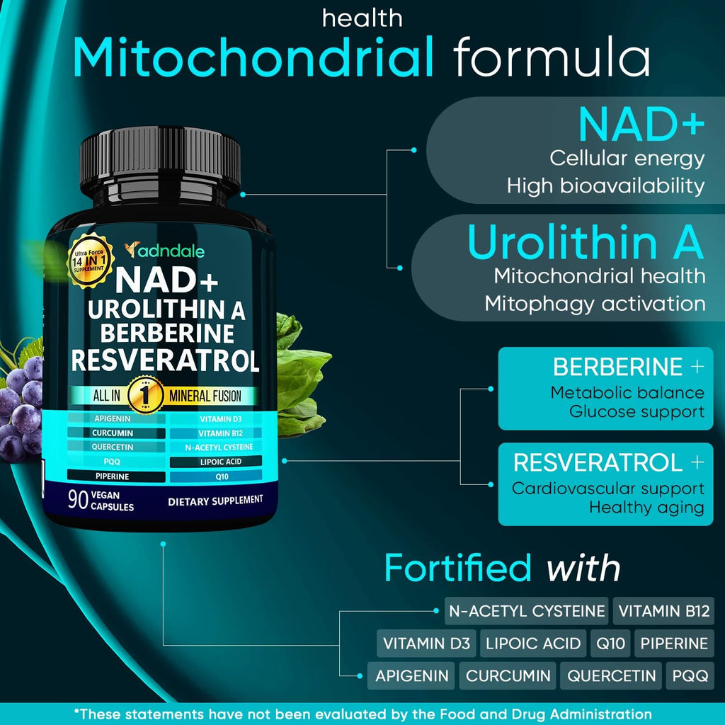 Adndale NAD Supplement for Women and Men. Longevity Formula with Liposomal NAD+, Trans Resveratrol, Urolithin-A, Berberine, CoQ10. NMN Supplement Alternative. 90 Count