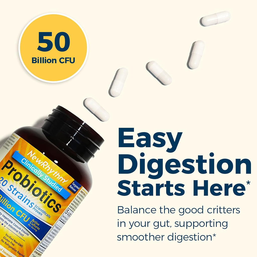 NewRhythm Probiotics 50 Billion CFU 20 Strains, 90 Veggie Capsules, Targeted Release Technology, Stomach Acid Resistant, No Need for Refrigeration, Non-GMO, Gluten Free