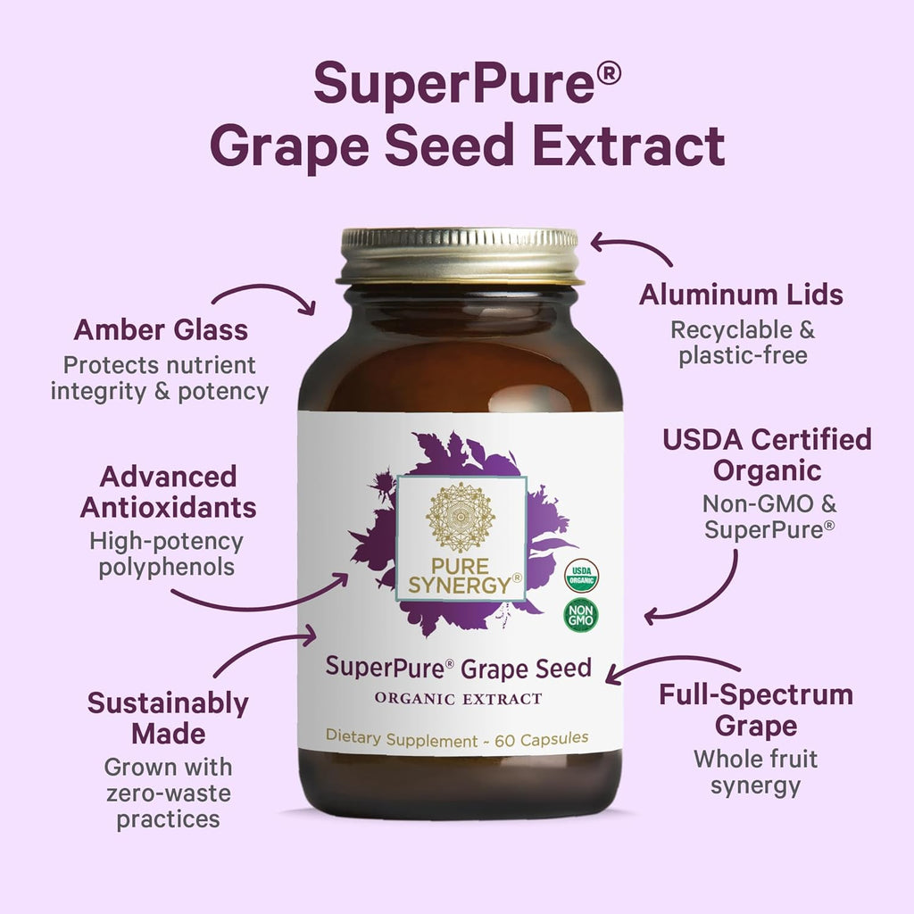 Pure Synergy SuperPure Grape Seed Extract | Organic Grape Seed Polyphenols Supplement with Whole Fruit | for Heart Health, Skin, and Healthy Aging Support (60 Capsules)