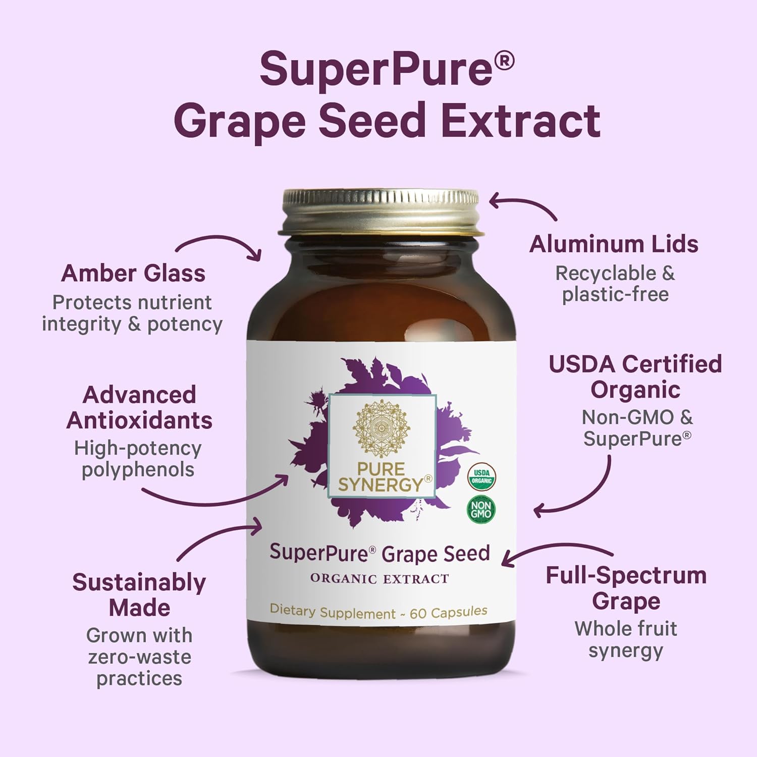 Pure Synergy SuperPure Grape Seed Extract | Organic Grape Seed Polyphenols Supplement with Whole Fruit | for Heart Health, Skin, and Healthy Aging Support (60 Capsules)