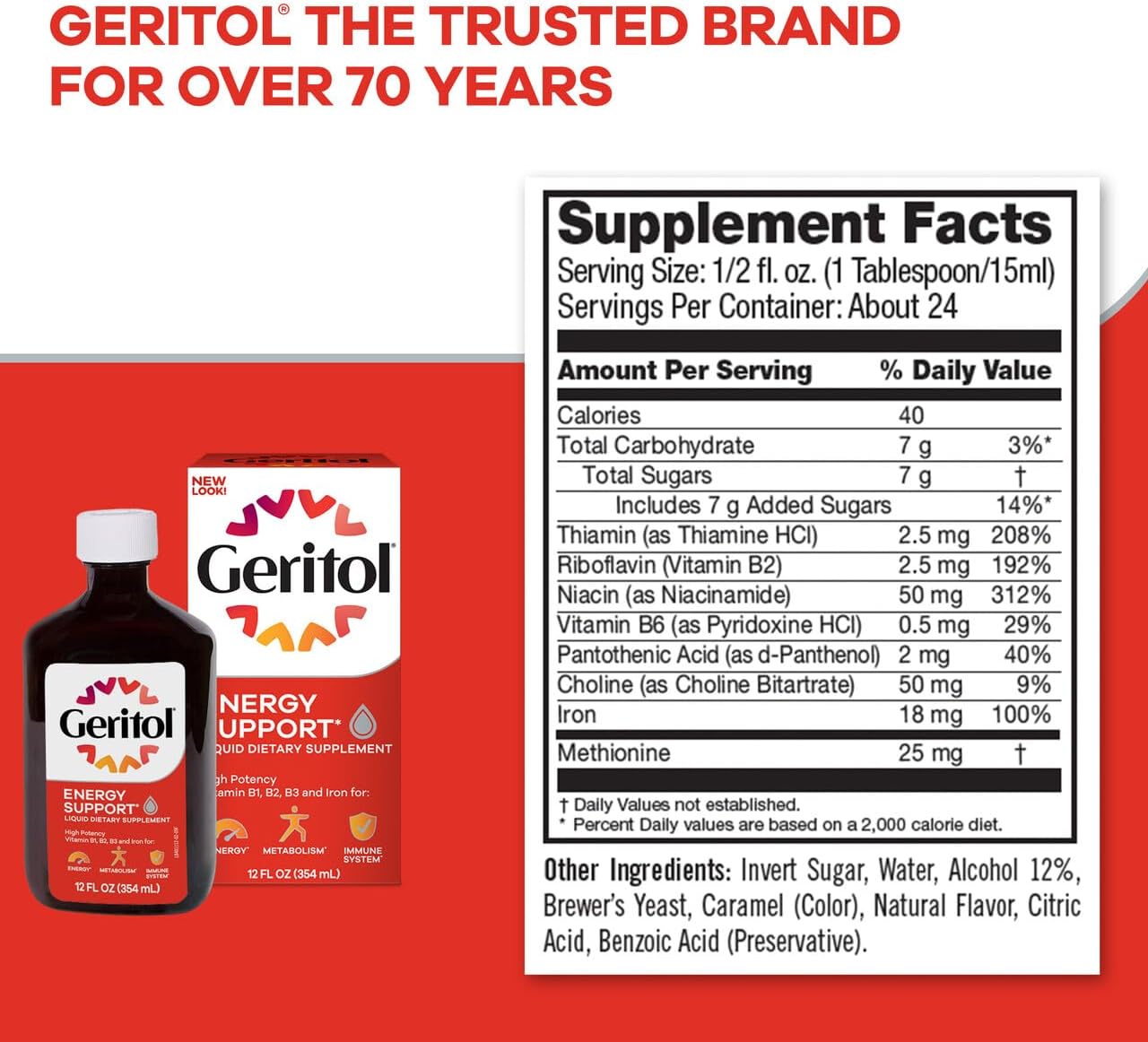 Geritol, Liquid Vitamin and Iron Supplement, Energy Support, Contains High Potency B-Vitamins and Iron, Pleasant Tasting, Easy to Swallow, No Artificial Sweeteners, Non-GMO, 12 Oz