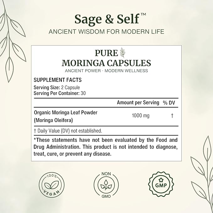 Sage & Self Pure Moringa Capsules – Moringa Leaf Powder for Natural Energy & Daily Wellness – Vegan Herbal Supplement (60 Capsules)