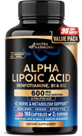 Alpha Lipoic Acid 600mg - ALA Supplement Antioxidant for Nerve, Energy & Metabolism Support - Extra Strength with Benfotiamine, B1 & B12 - Lab Tested, NON-GMO & Vegan - 180 Capsules, 3 Month Supply