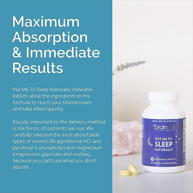 BRAINMD Dr Amen Put Me To Sleep Naturally - 90 Chewable Tablets, Pack of 2 - With Melatonin, L-Theanine, Magnesium, GABA, Vitamin B6 & 5-HTP - Gluten Free - 90 Total Servings
