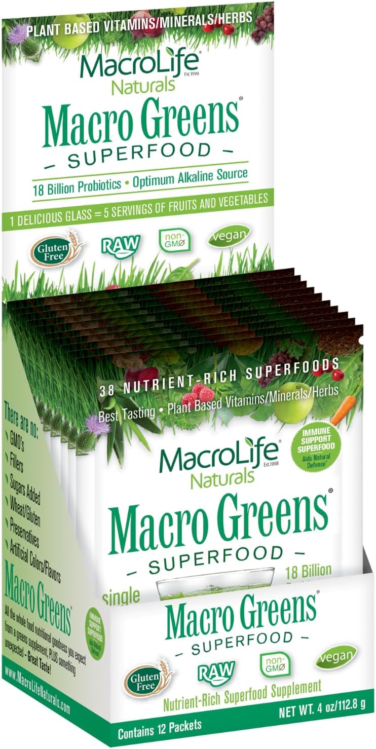 MacroLife Macro Greens Powder 38 Superfood Probiotics Antioxidants Digestive Enzymes & Adaptogen Supplement - Daily Super Green Juice & Smoothie Mix Packets - Non-GMO Vegan Gluten-Free - 12 Servings