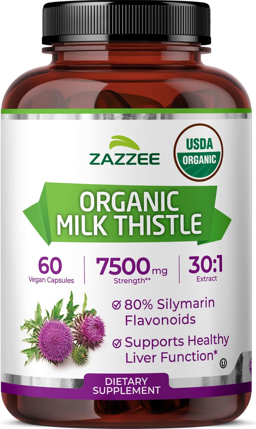 Zazzee USDA Organic Milk Thistle 30:1 Extract, 7500 mg Strength, 60 Vegan Capsules, 80% Silymarin Flavonoids, Healthy Liver Detox & Cleanse Support, 100% Vegetarian, Non-GMO, Made in The USA