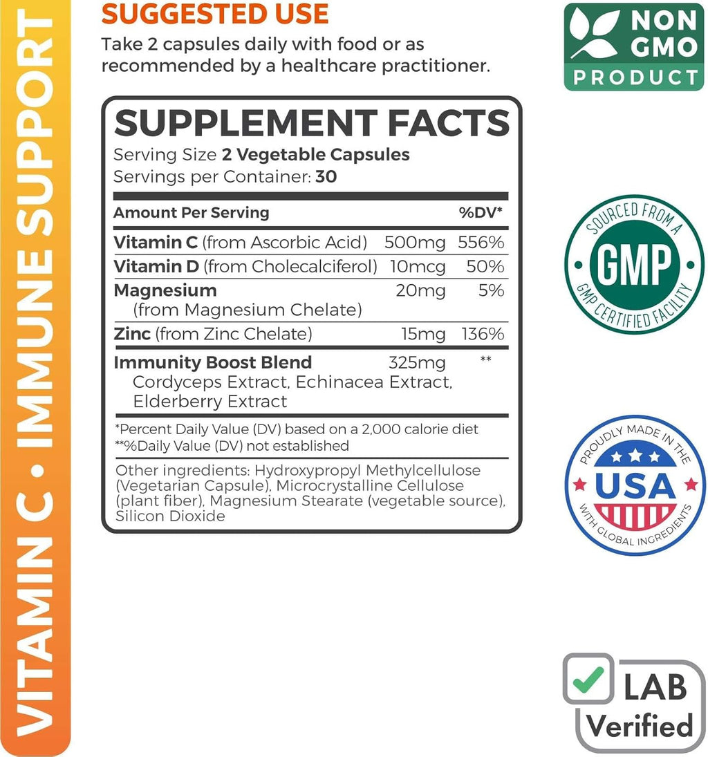 Vitamin C Immune Support Supplement - Immune Boost Blend with Elderberry Vitamin C and Zinc for Daily & Seasonal Support - Magnesium Zinc VIT C & D and Herbal Defense Complex (1 Month Supply)